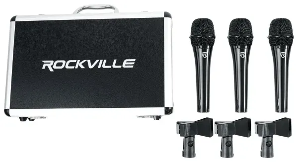 Rockville TC PRO Triple Black 3-Pack Metal Wired Vocal/Instrument/DJ Microphones