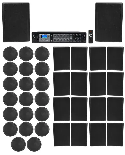 Rockville 6-Zone Amp+20) 6" Black Ceiling+18) Wall Restaurant/Bar/Cafe Speakers