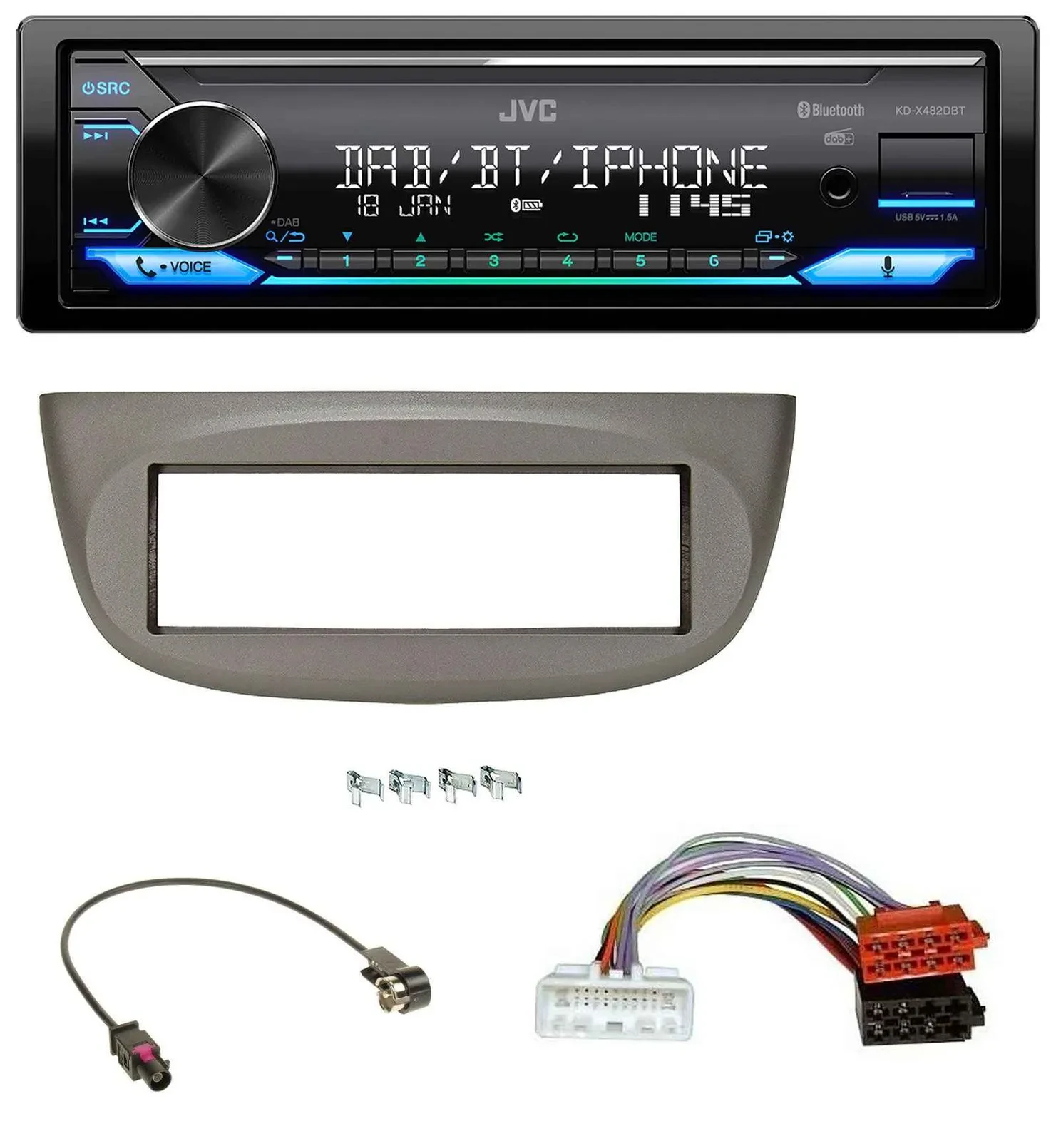 JVC Bluetooth DAB USB MP3 Autoradio für Renault Twingo ab 2015 beige-grau