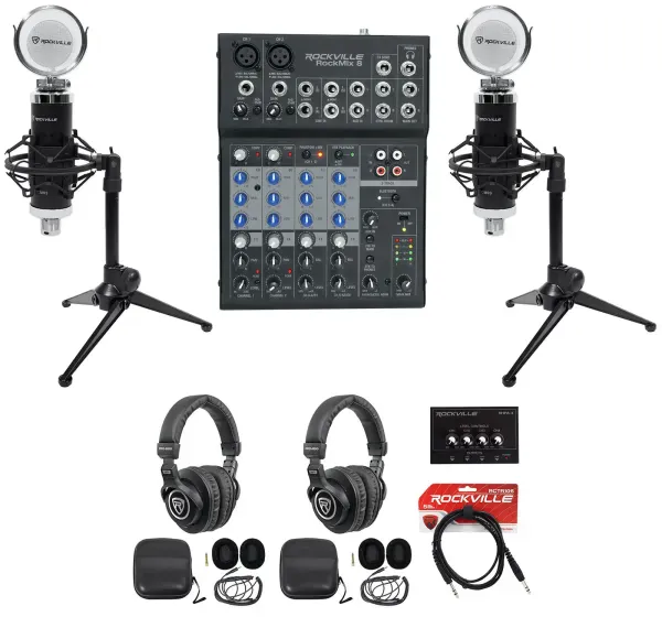 Rockville 2-Person Podcast Podcasting Recording Bundle w/Mics/Mixer/Headphones