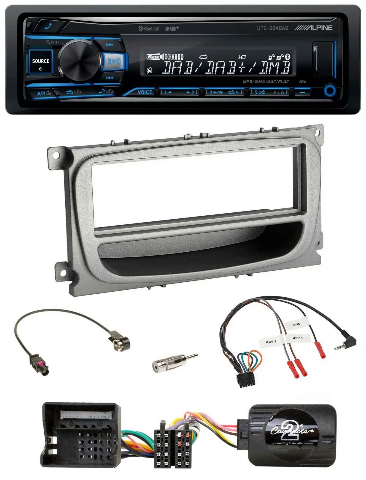 Автомагнитола Alpine для Ford C‑Max/Focus/Galaxy (с 2007), USB, Bluetooth, DAB, поддержка управления на руле, серебристая