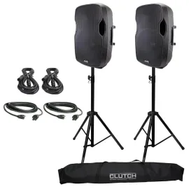 Gemini AS-15P 15” Powered/Active DJ PA Speaker Pair + Cables + Stands