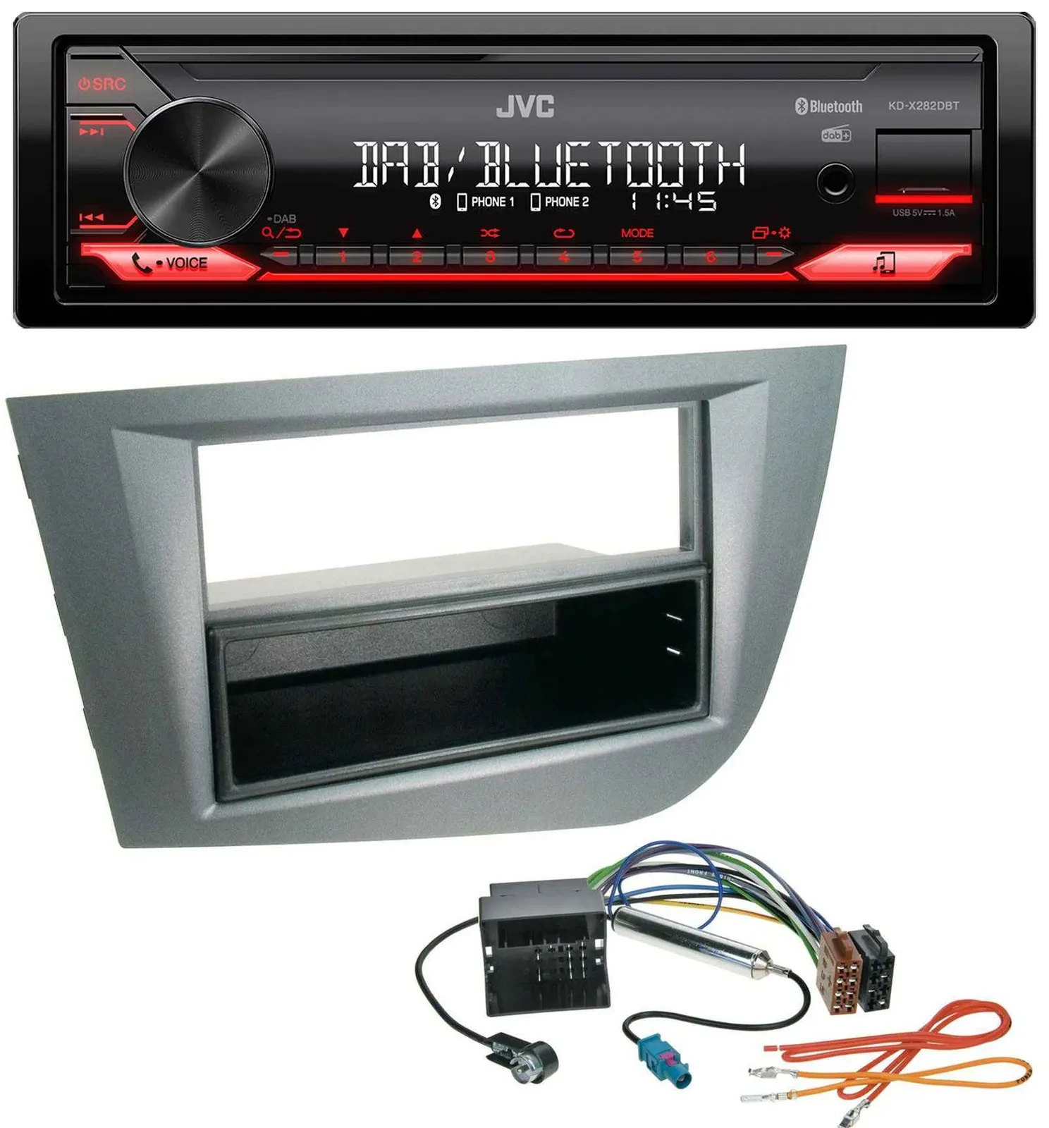 Автомагнитола для Seat Leon (с 2005) JVC Bluetooth, USB, DAB, MP3 темно-серый металлик