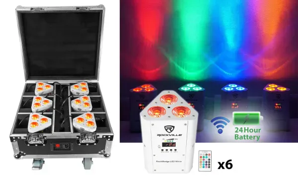 Rockville ROCKWEDGE PACKAGE WHITE (6) Battery Wireless Par Lights+Charging Case