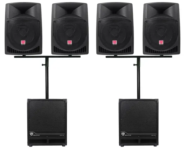 (4) Rockville RPG12 12" Active DJ PA Speakers+Mounts+(2) 12" Powered Subwoofers