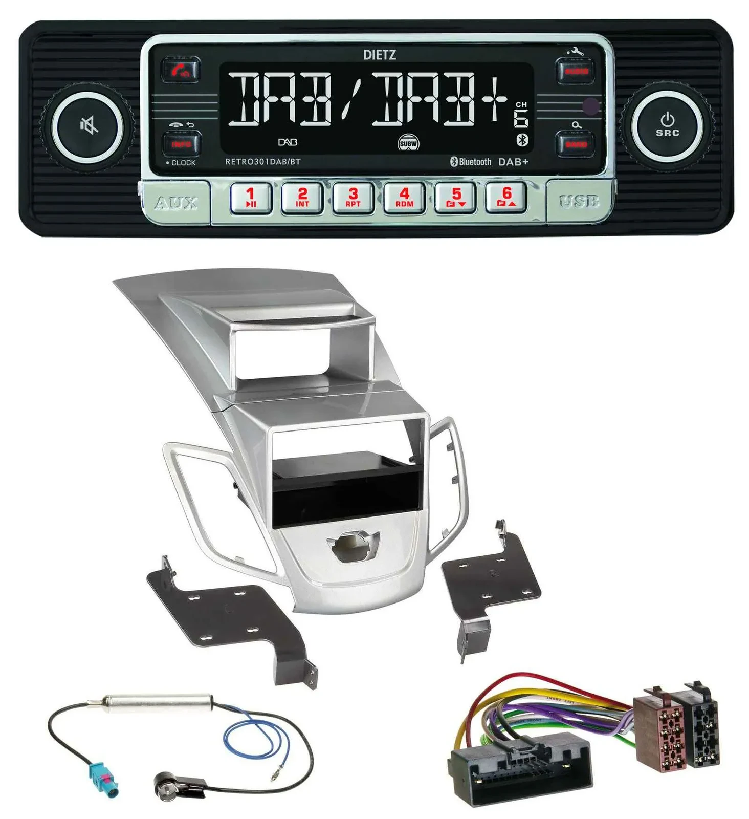 Dietz USB DAB MP3 Bluetooth Autoradio für Ford Fiesta Display 10-17 silber