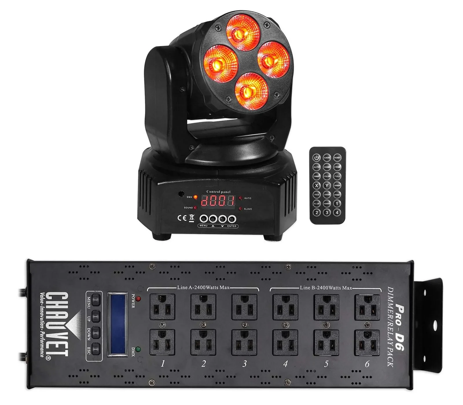 Chauvet PRO-D6 6 Ch 20A DMX-512 Dimmer Switch Pack 115V and 230V+Moving Head